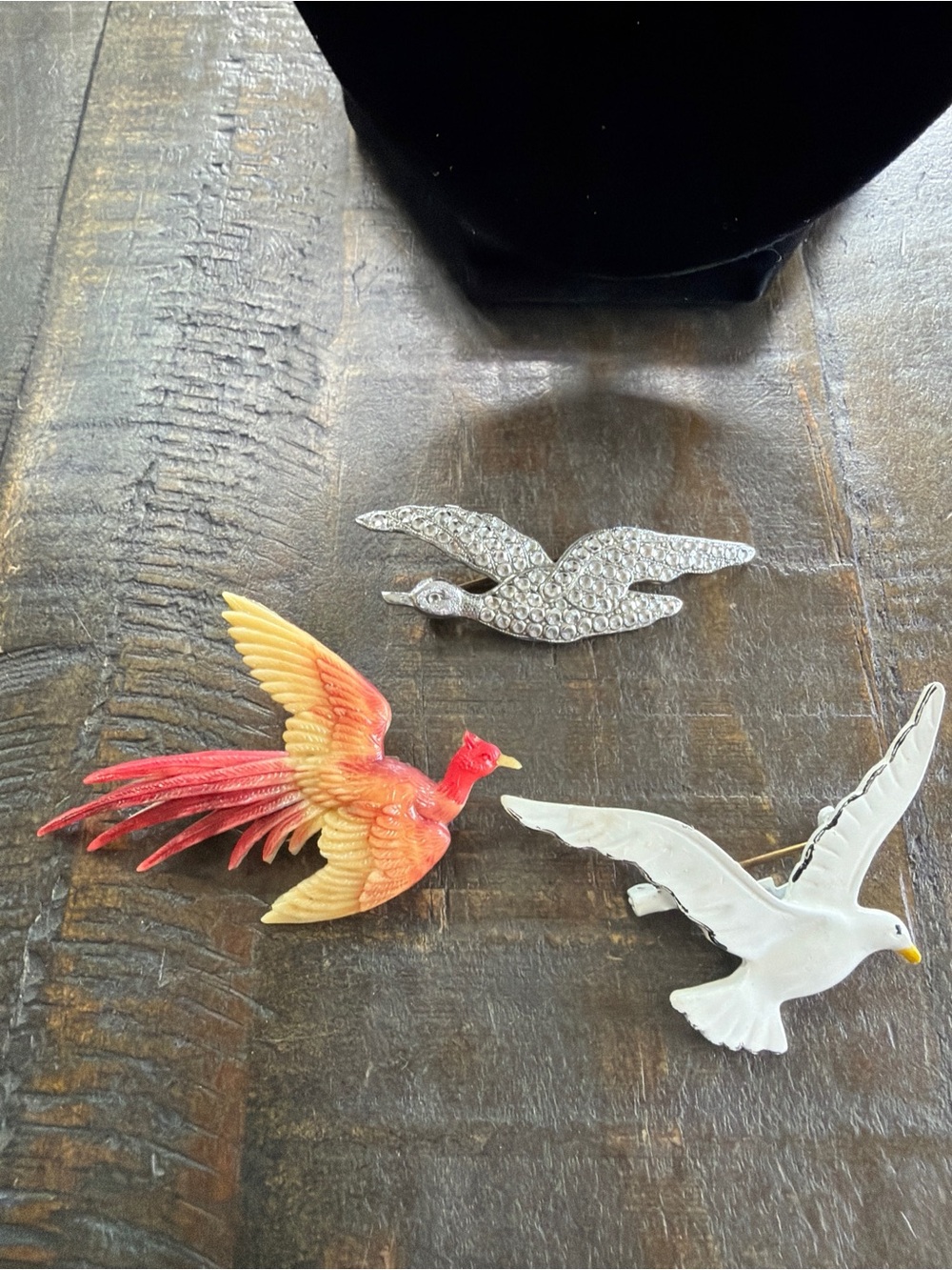 Vintage Bird Brooch Trio โ Rhinestone Duck, Celluloid Phoenix & Enamel Seagull